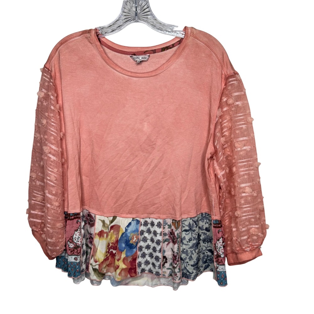 John Mark Coral‎ Floral Patchwork Ruffle Sleeve Top Womens Medium